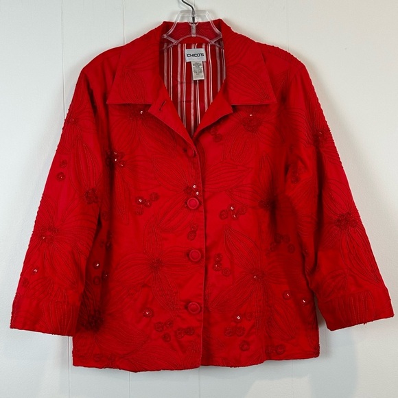 Chico’s Red Sequin Embroidered Button Front Lightweight Cotton Jacket HOST PICK! - Picture 1 of 5